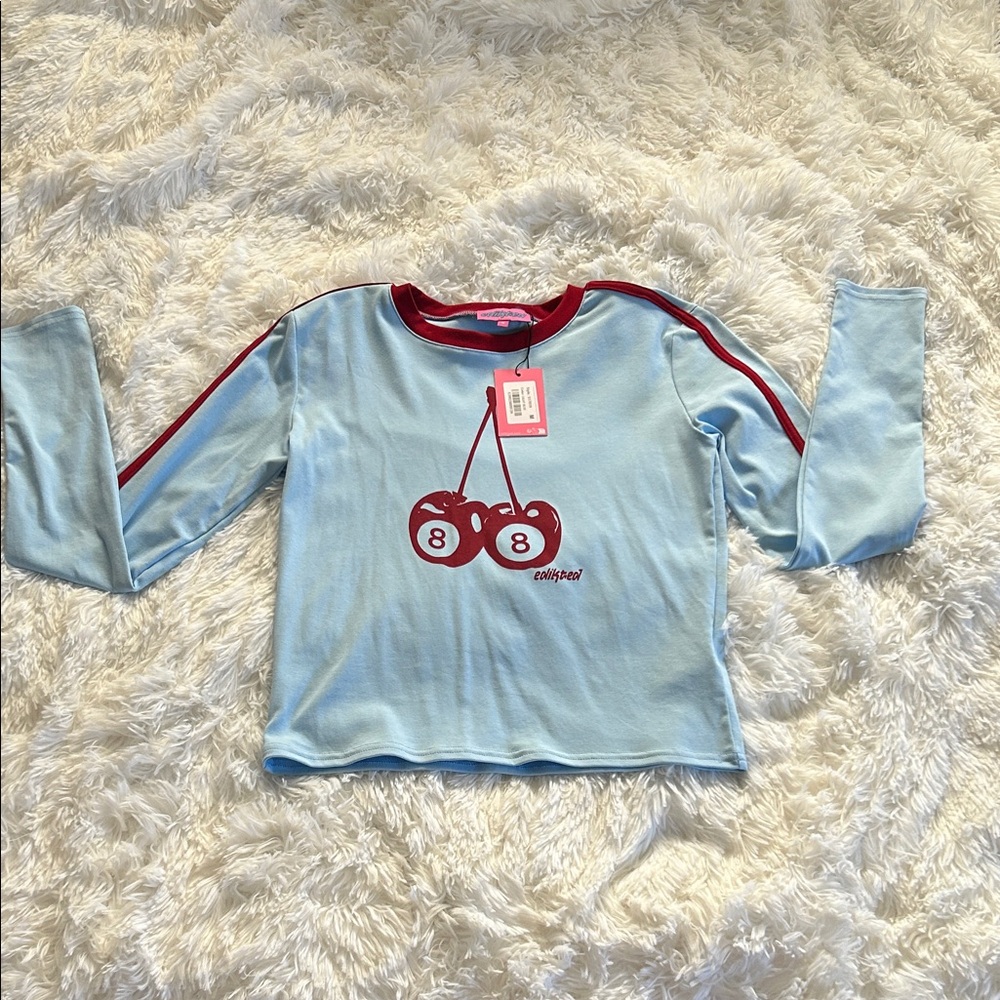 Edikted Light Blue Long Sleeve Tee with Cherry Graphic